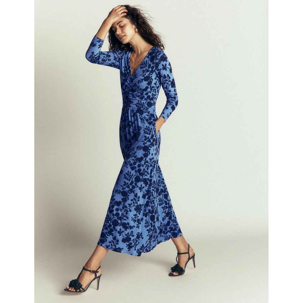 Boden Blue Floral Ruched V-Neck Jersey Midi Dress Teacher Pockets NWT 8P NWT
